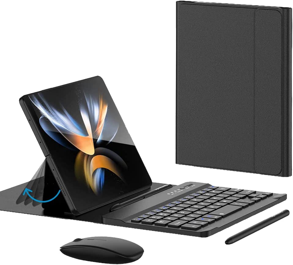 Leather cover for Samsung Galaxy Z Fold 4 Keyboard and Mouse with Leather Case and Capacitive Pen, Wireless Keyboard Case for Google Pixel Fold, Black